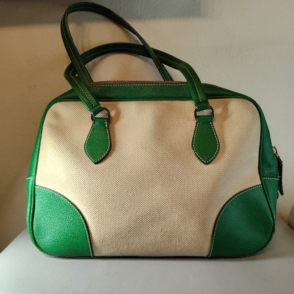 Prada Cinghiale Leather Trimmed Canapa Grezza Shoulder Bag Green Beige - Picture 3 of 13